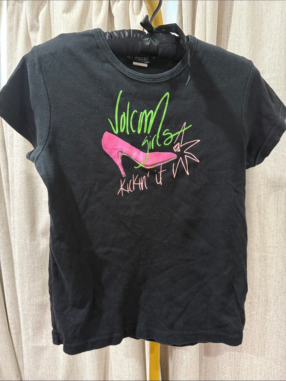 Volcom Black Tee with Pink High Heel Graphic and Neon Green Script Y2K vintage